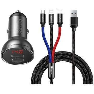 Obrázok Baseus Digital Display Dual USB Car Charger 24W + 3-in-1 Cable 1,2 m (TZCCBX-0G)