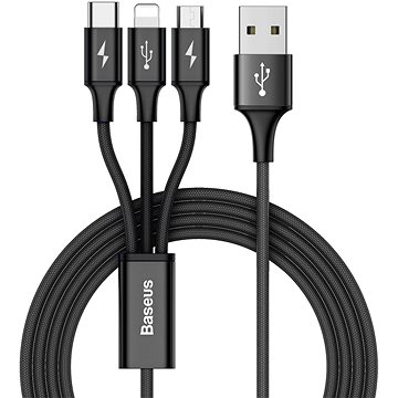 Obrázok Baseus Rapid USB - micro USB / Lightning / USB-C kábel 3A 1,2m, čierny (CAMLT-SU01)