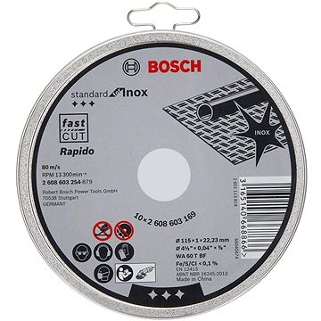 Obrázok BOSCH Rovný rezací kotúč Standard for Inox - Rapido - WA 60 T BF, 115 mm, 22,23 mm, 1,0 mm 2608603254