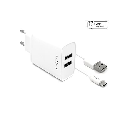 Obrázok Set síťové nabíječky FIXED s 2xUSB výstupem a USB/USB-C kabelu, 1 metr, 15W Smart Rapid Charge, bílá