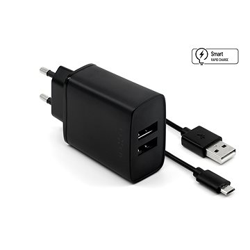 Obrázok Set síťové nabíječky FIXED s 2xUSB výstupem a USB/micro USB kabelu, 1 metr, 15W Smart Rapid Charge, černá