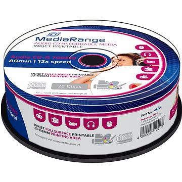 Obrázok MediaRange CD-R Audio Inkjet Fullsurface Printable 25ks CakeBox (MR224)