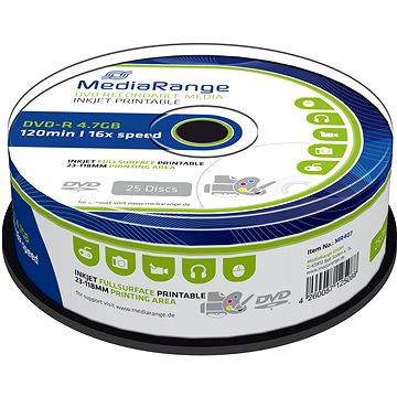 Obrázok MediaRange DVD-R Inkjet Fullsurface Printable 25ks CakeBox (MR407)