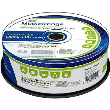 Obrázok MediaRange DVD-R WaterGuard Inkjet Fullprintable 25ks CakeBox (MRPL612)