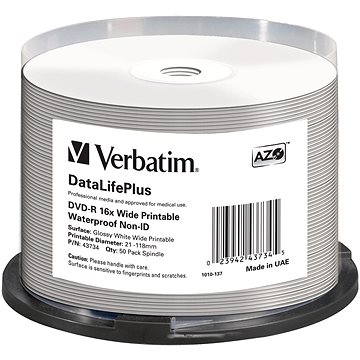 Obrázok VERBATIM DVD-R 4,7GB 16x WIDE GLOSSY WATERPROOF PRINT. No ID spindl 50pck/BAL (43734)