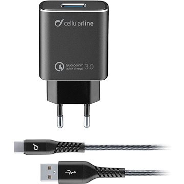 Obrázok Set USB nabíjačky a odolného USB-C kábla CellularLine Tetra Force 18W, Qualcomm® Quick Charge 3.0, čierna