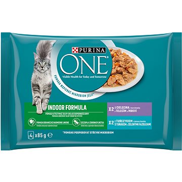 Obrázok Purina ONE Indoor minifiletky s tuniakom a zelenými fazuľkami, s teľacím a mrkvou 4 × 85 g (7613030063032)