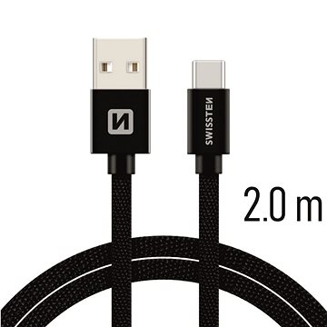 Obrázok USB-C Kábel Swissten opletený, Quick charge, 3A, 2m - čierny  