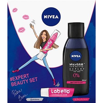 Obrázok Nivea MicellAIR Expert Waterproof pre ženy dvojfázová micelárna voda 200 ml + balzam na pery v ceruzke Labello 3 g Hot Pink + balzam na pery Labello 4,8 g Watermelon Shine