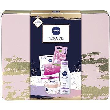 Obrázok Nivea Blossom Care Tin darčeková kazeta W telové suflé Body Soufflé Cherry Blossom & Jojoba Oil 200 ml + micelárna voda MicellAir 200 ml + pleťová textilná maska Urban Skin Natural Radiance 1 ks + balzam na pery Labello 4,8 g Soft Rosé + plechová krabička