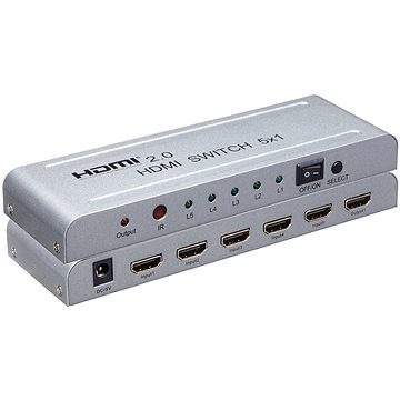 Obrázok PremiumCord 4Kx2K@60Hz HDMI switch 5:1 kovový s dálkovým ovladačem a napájecím adaptérem khswit51e