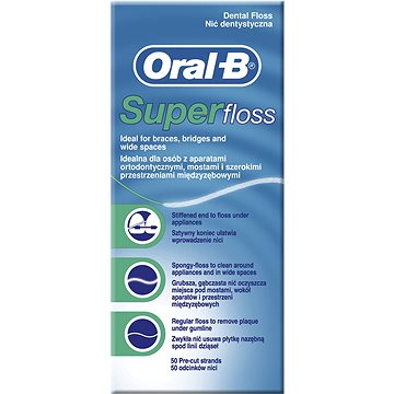 Obrázok Oral-B Superfloss, spevnený koniec k zavádzaniu, 50 ks nastrihaných vlákien.