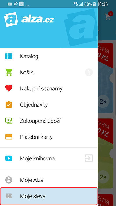 mobilní aplikace Alza.cz - menu - Moje slevy