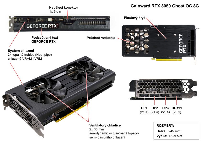 Popis grafické karty Gainward RTX 3050 GHOST OC 8G
