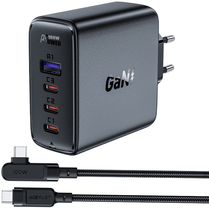 ACEFAST Ultimate GaN Charger 100W (3x USB-C + USB-A) + USB-C Cable BLACK