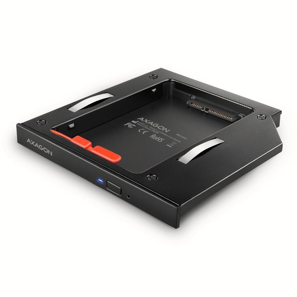 HDD keret AXAGON RSS-CD12, ALU Caddy 2,5"-es SSD/HDD-hez 12,7-es mm laptop DVD foglalatba, csavarmentes. LED
