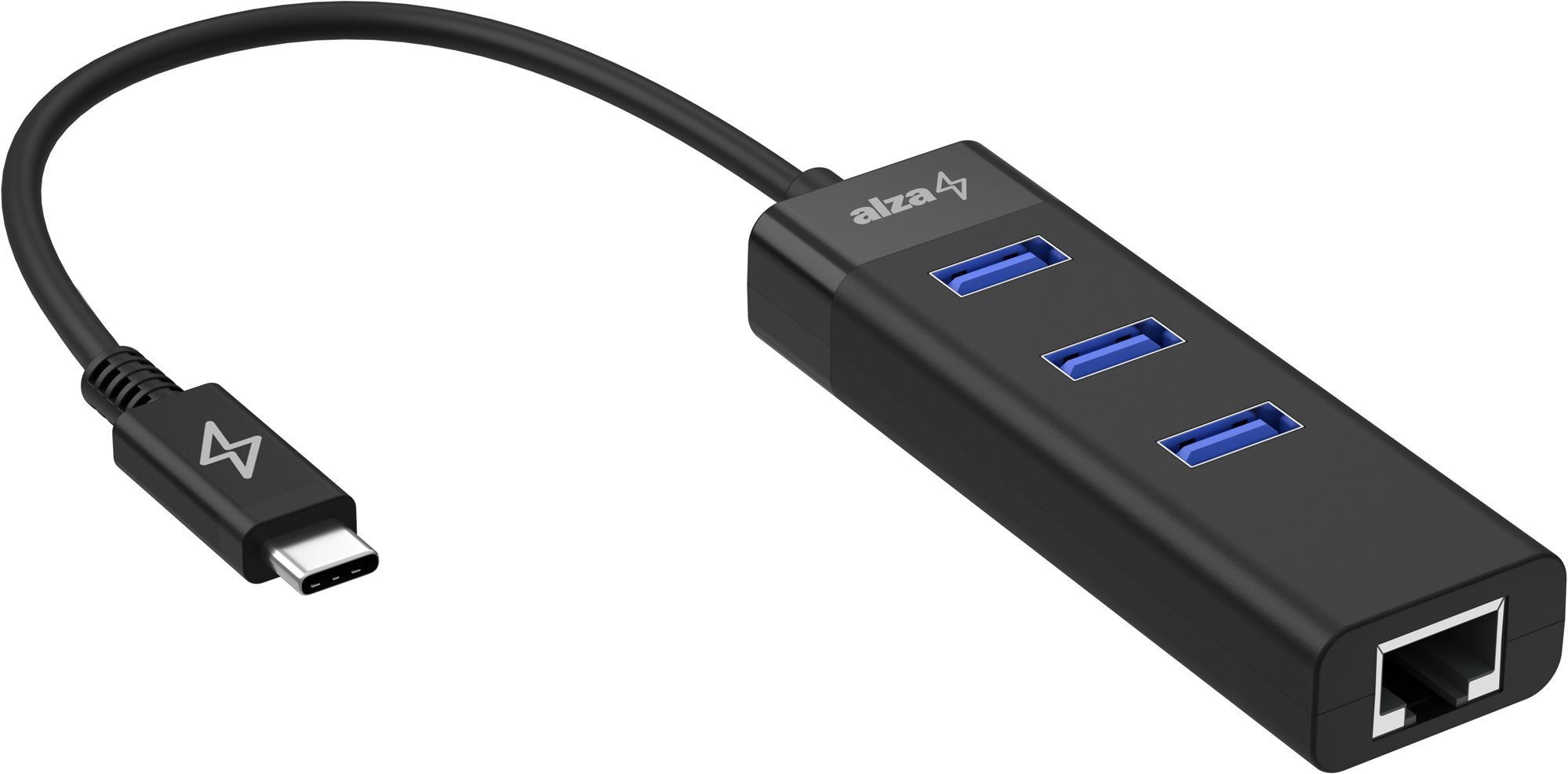 AlzaPower Core USB-C (M) - 3× USB-A (F) LAN-nal fekete