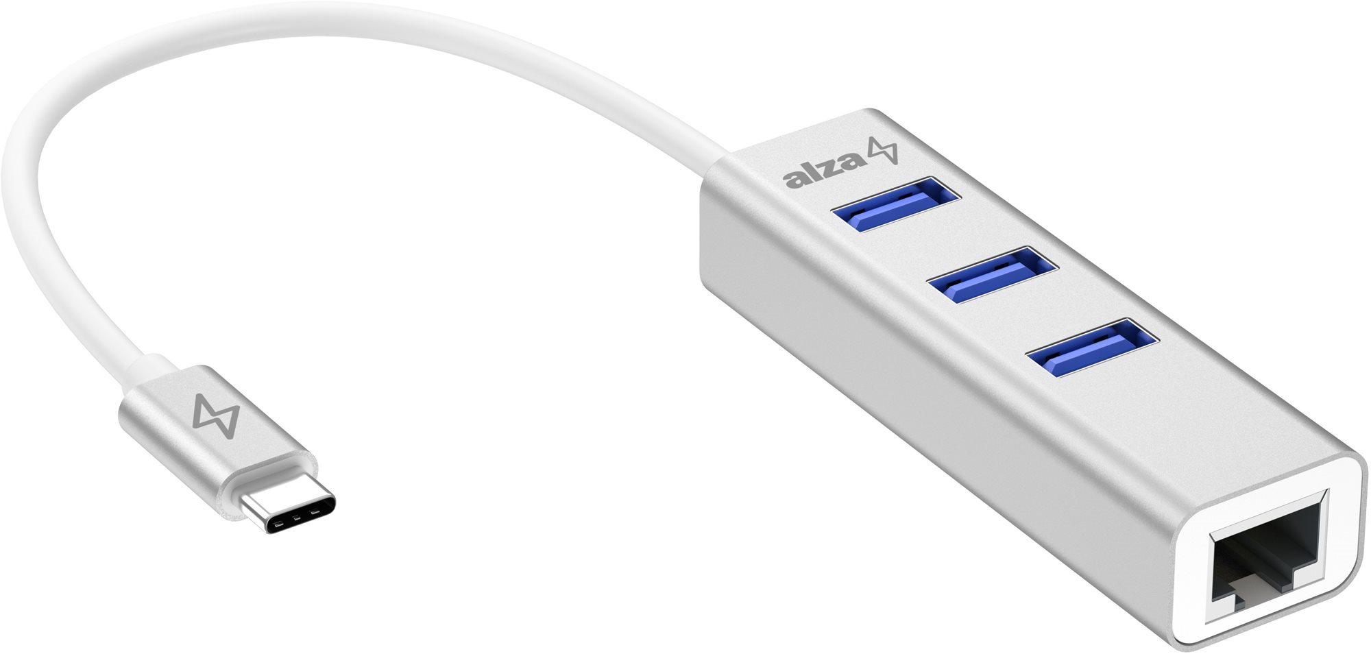 AlzaPower AluCore USB-C (M) - 3× USB-A (F) LAN-nal ezüst