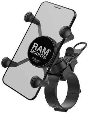 Telefontartó A RAM az univerzális X-Grip tartó teljes készletét rögzíti, akár 60 mm átmérőjű kormányra is