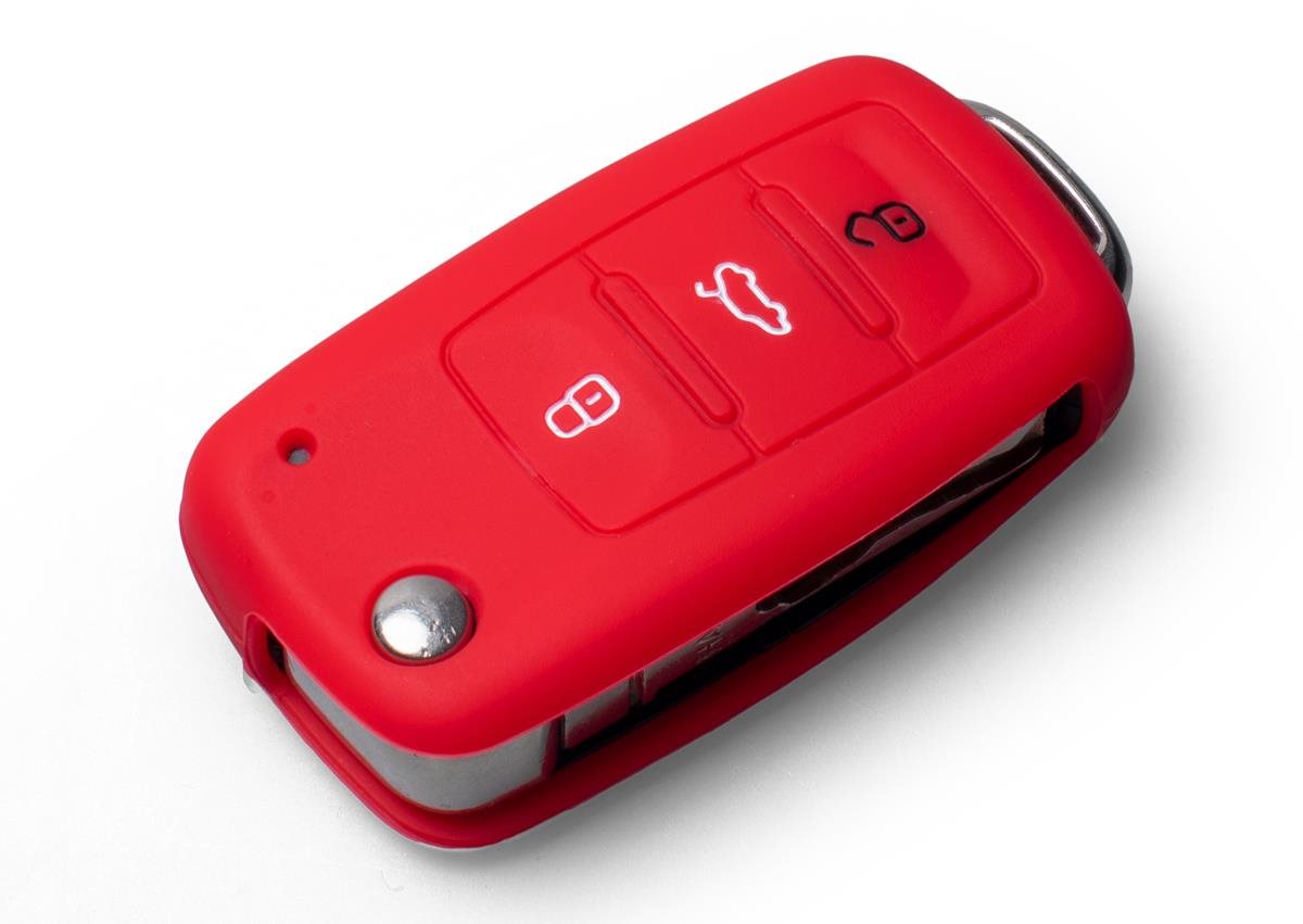 Védő szilikon kulcstartó tok VW/Seat/Skoda járművekhez, piros színű, kilökődő kulccsal