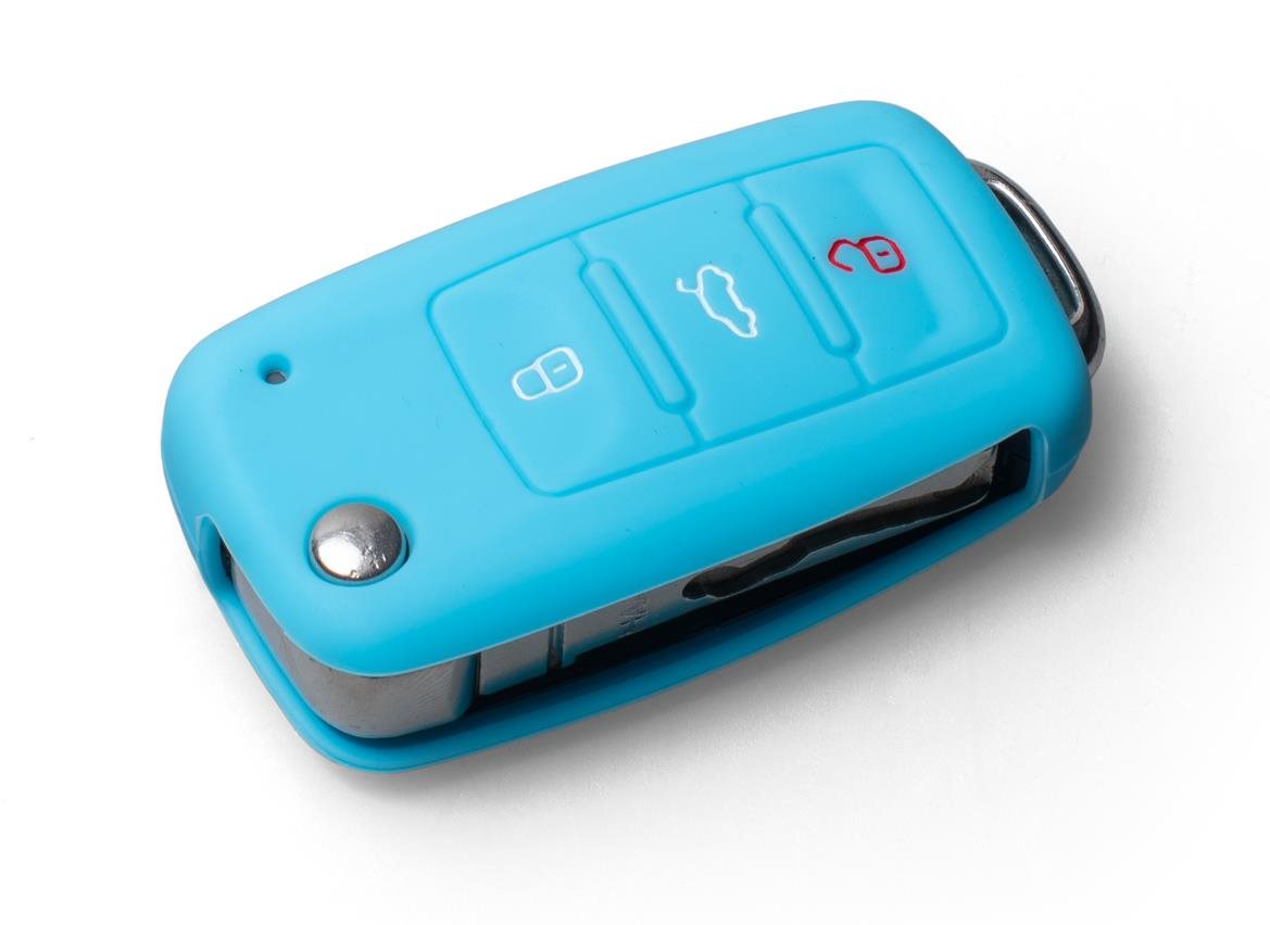 Védő szilikon kulcstartó tok VW/Seat/Skoda, kilökődő kulccsal, világoskék színben