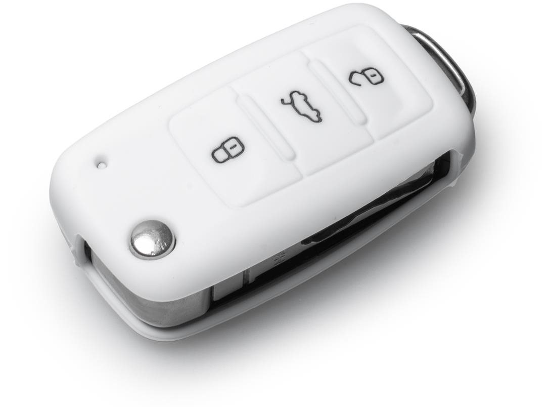 Védő szilikon kulcstartó tok VW/Seat/Skoda járművekre kilökődő kulccsal, fehér színben