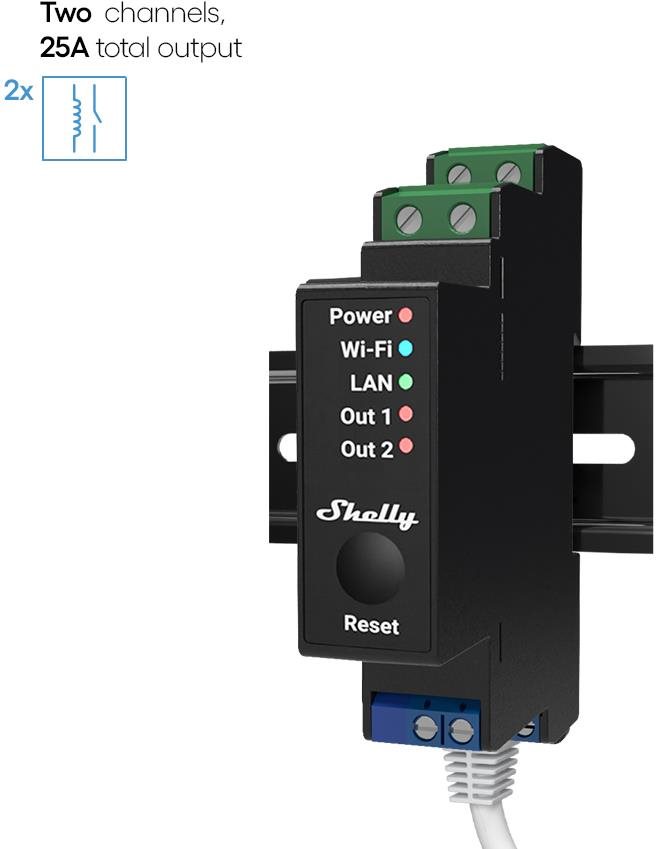 Shelly Pro 2PM, 2x 16A kapcsolómodul DIN sínre, teljesítménymérés, LAN, WiFi és Bluetooth