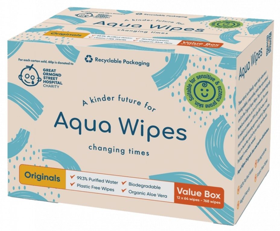 Aqua Wipes BIO Aloe Vera 100%-ban lebomló törlőkendők, 99% víz, 12 x 64 db