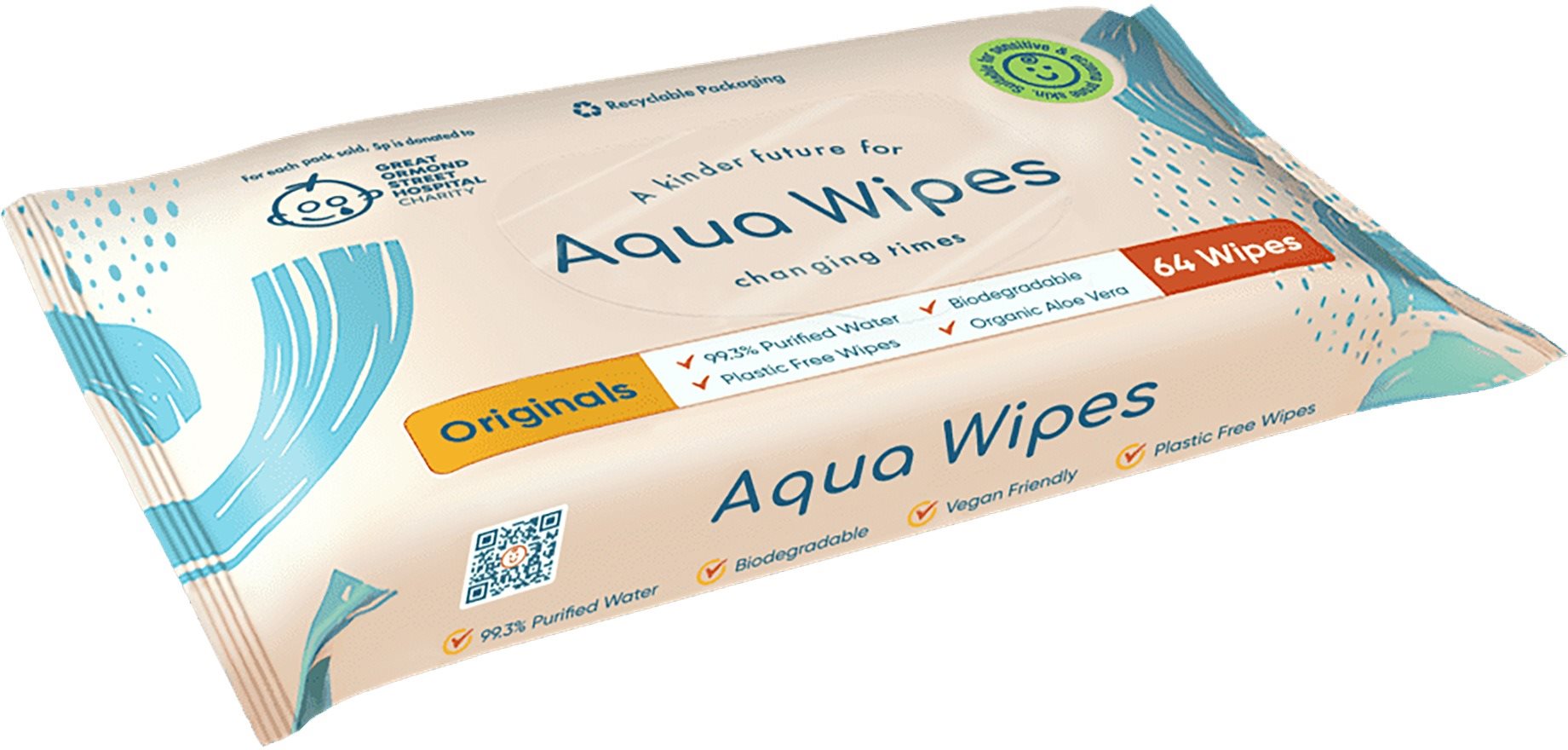 Aqua Wipes BIO Aloe Vera 100%-ban lebomló törlőkendők, 99% víz, 64 db