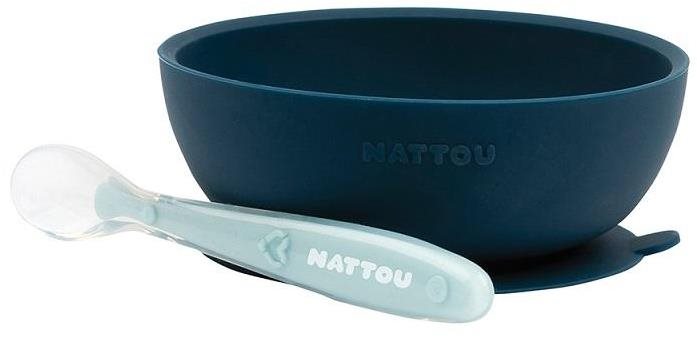 Nattou szett szilikon 2 db tál és kanál kék BPA nélkül