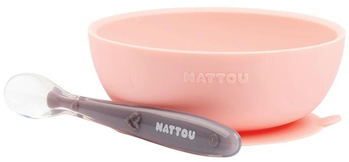 Nattou szett szilikon étkező tál 2 db tál és kanál rózsaszín BPA nélkül