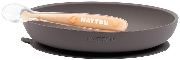 Nattou szett szilikon 2 db tányér és kanál lila-narancs BPA nélkül