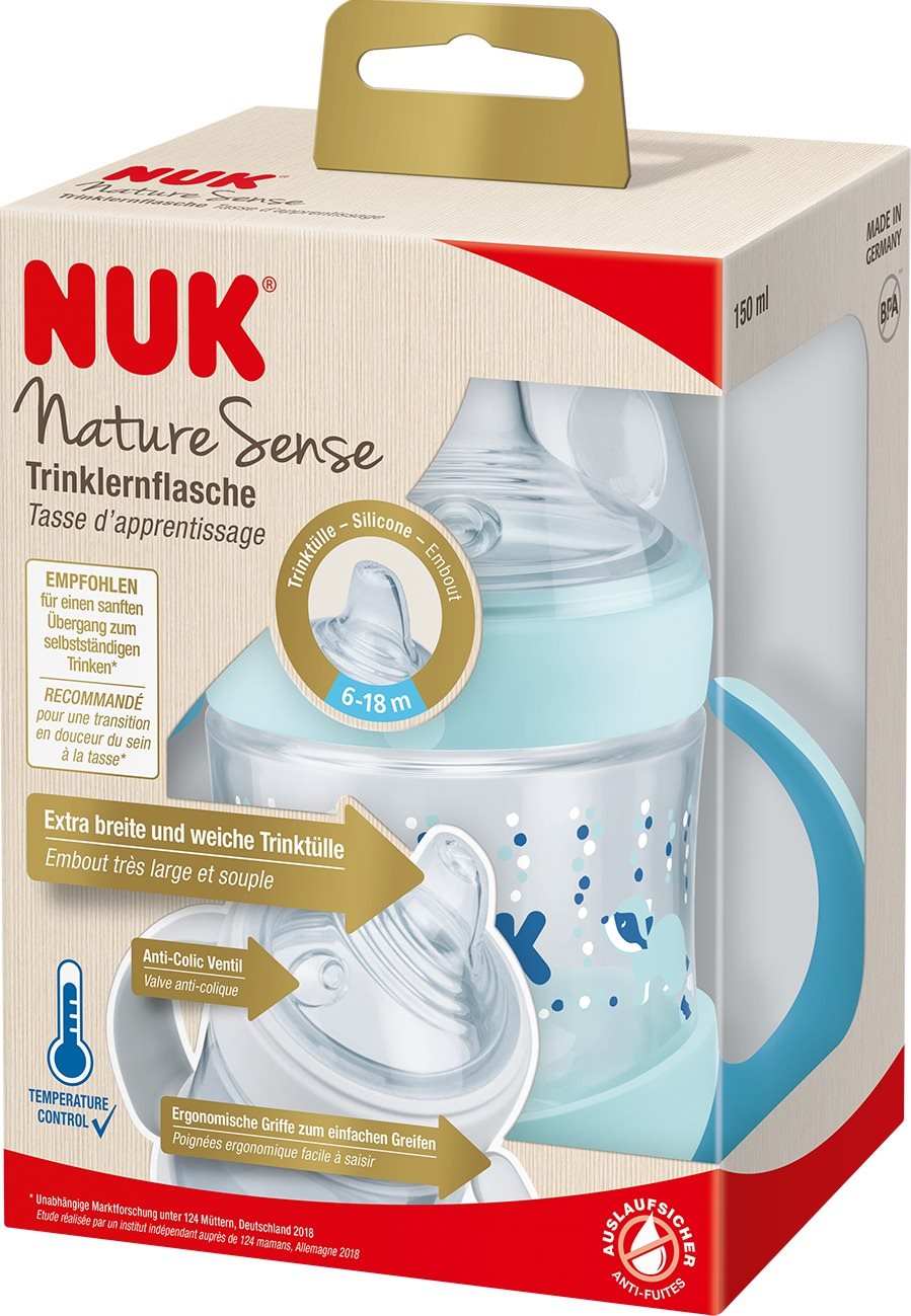 NUK Nature Sense tanuló cumisüveg hőmérséklet-szabályozással 150 ml, türkizkék