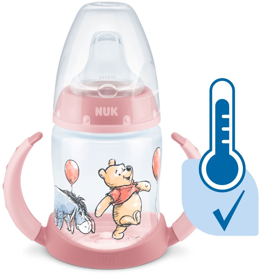NUK Tanuló cumisüveg DISNEY-Micimackó hőmérséklet-szabályozóval, 150 ml, rózsaszín (kevert motívum)