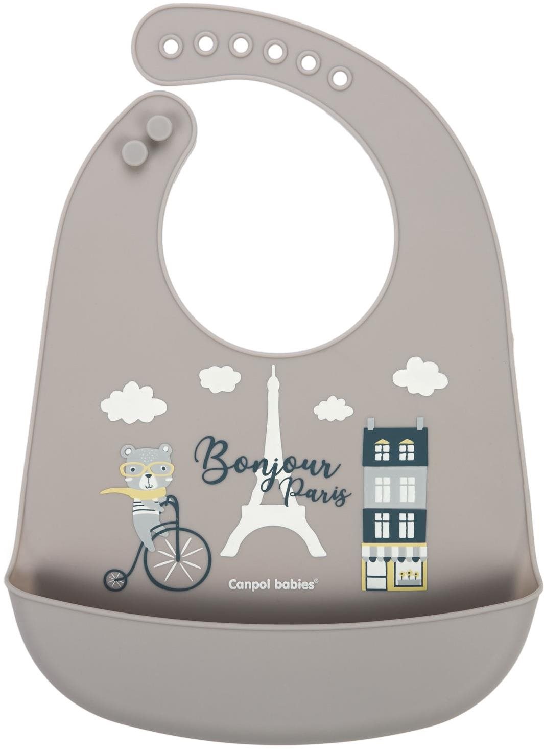 Canpol Babies szilikon előke zsebbel, Bonjour Paris, bézs színben