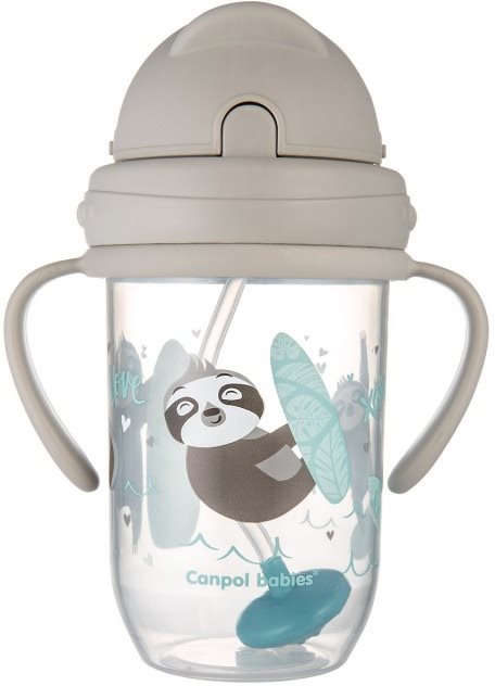 Canpol Babies Kiömlésmentes szívószálas pohár nehezékkel Exotic Animals 270 ml, szürke