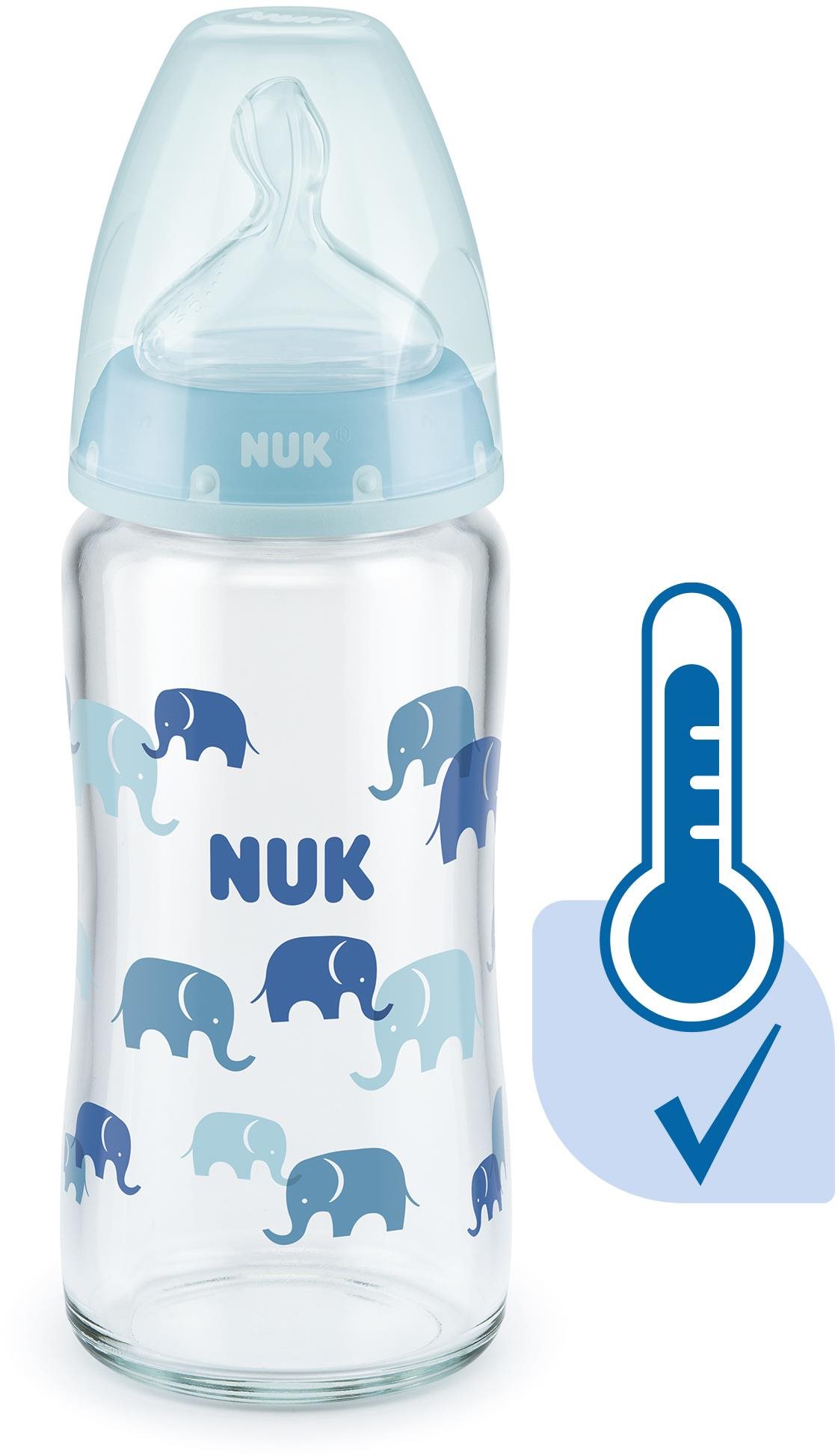 NUK FC+ üveg cumisüveg hőmérséklet jelzővel 240 ml, kék