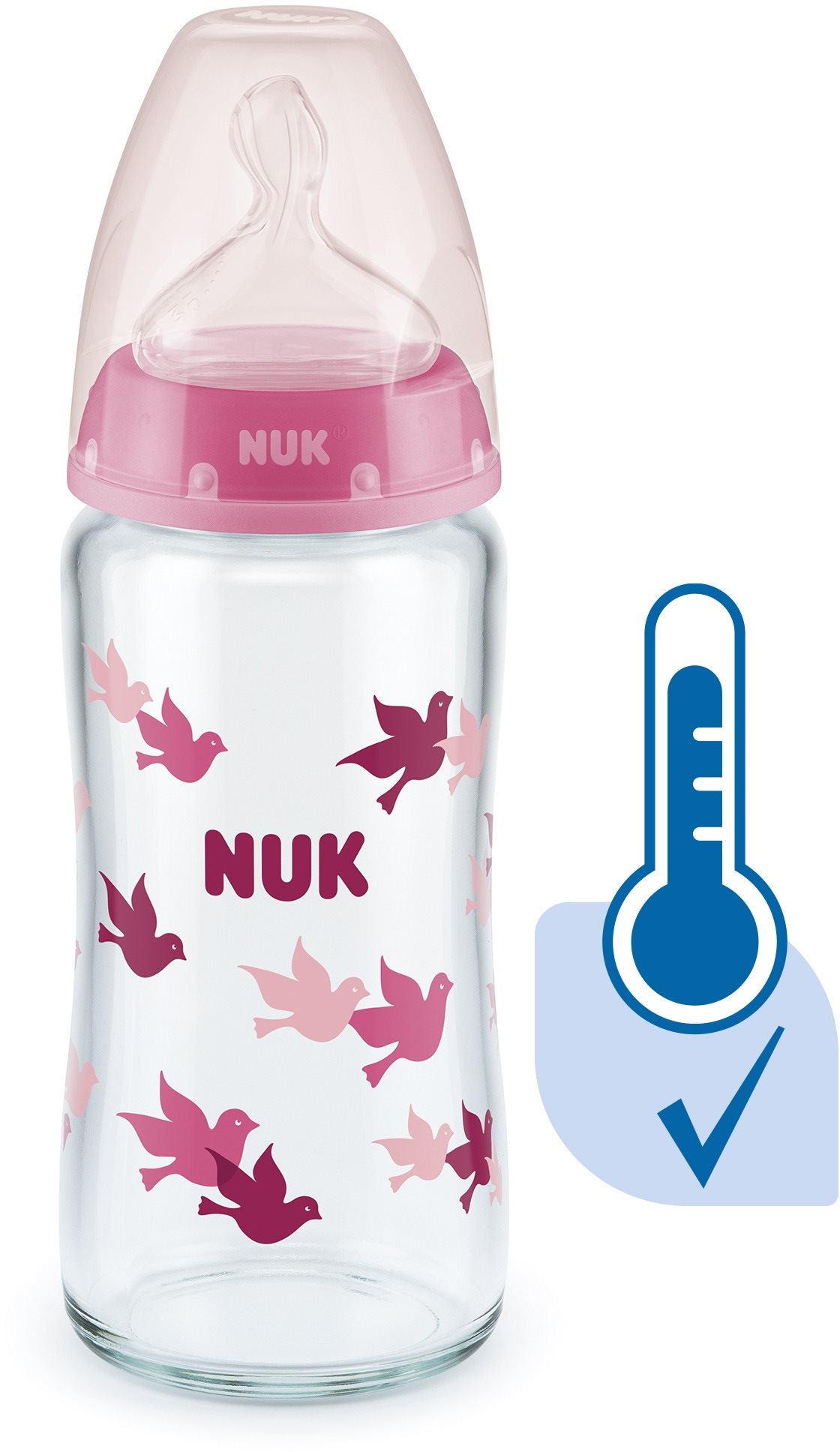 NUK FC+ üveg cumisüveg hőmérséklet jelzővel 240 ml, rózsaszín