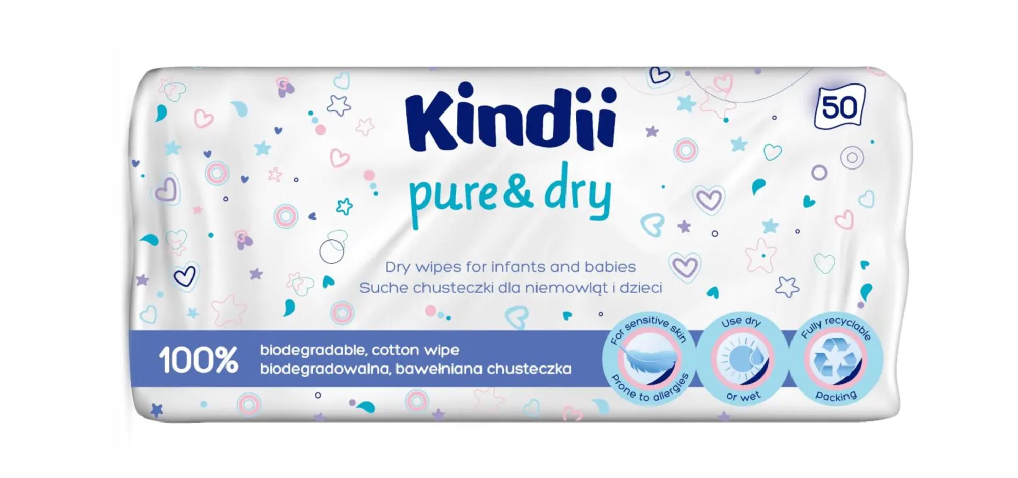 KINDII Pure&Dry Száraz törlőkendő csecsemőknek és gyerekeknek 50 db