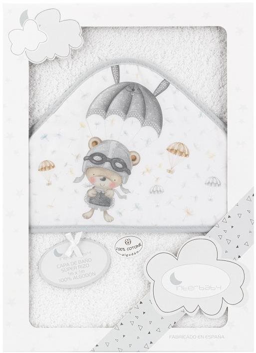 Gyerek fürdőlepedő INTERBABY Frottír fürdőlepedő (100 × 100 cm) mackó ejtőernyővel, fehér, szürke szegély