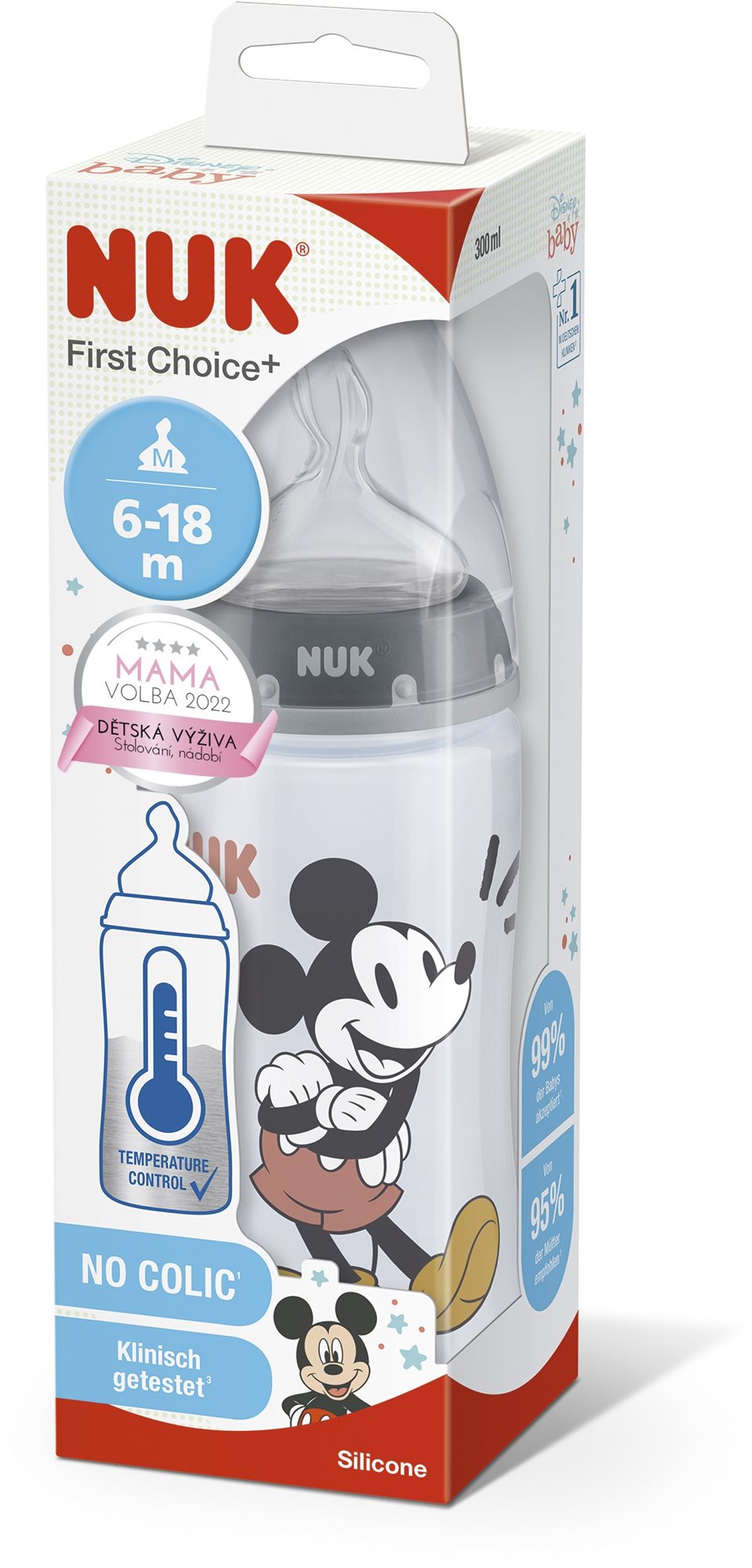 NUK FC+ Mickey cumisüveg hőmérséklet-ellenőrzővel 300 ml, szürke