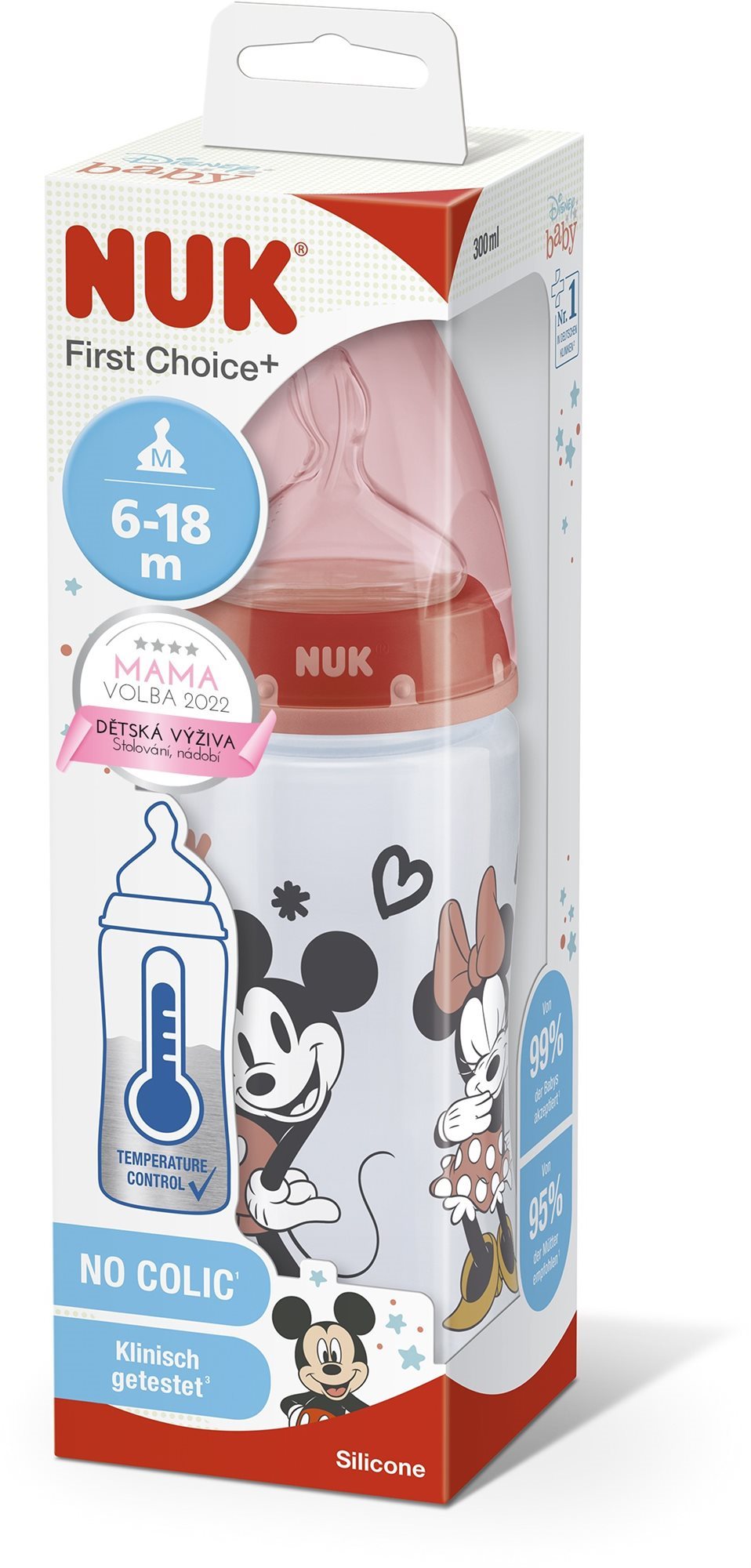 NUK FC+ Mickey cumisüveg hőmérséklet-ellenőrzővel 300 ml, piros