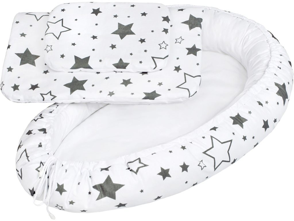 New Baby Luxus babafészek takaróval és párnával - fehér csillagok