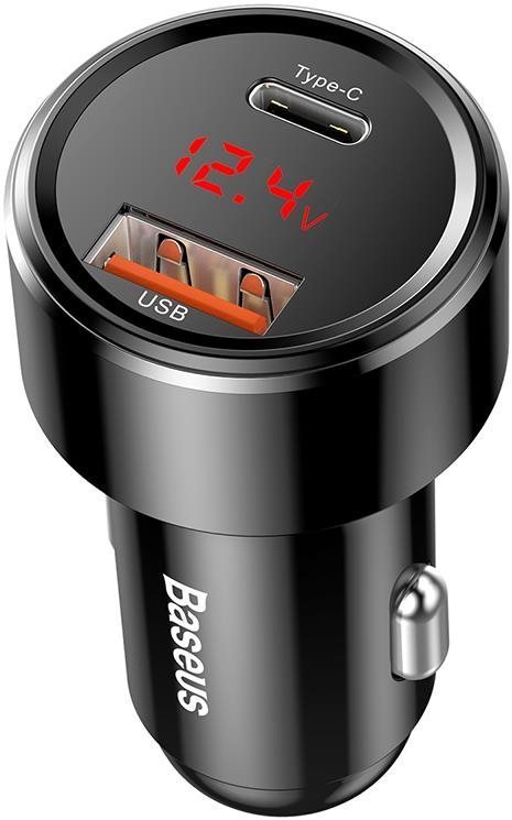 Baseus Magic Series PPS digitális kijelzős dupla autós adapter USB-A QC + USB-C PD 45W, fekete