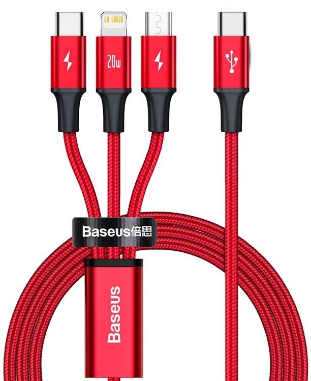 Baseus Rapid Series 3 az 1-ben USB-C (USB-C + Lightning + USB-C) PD 20W, 1,5m, piros