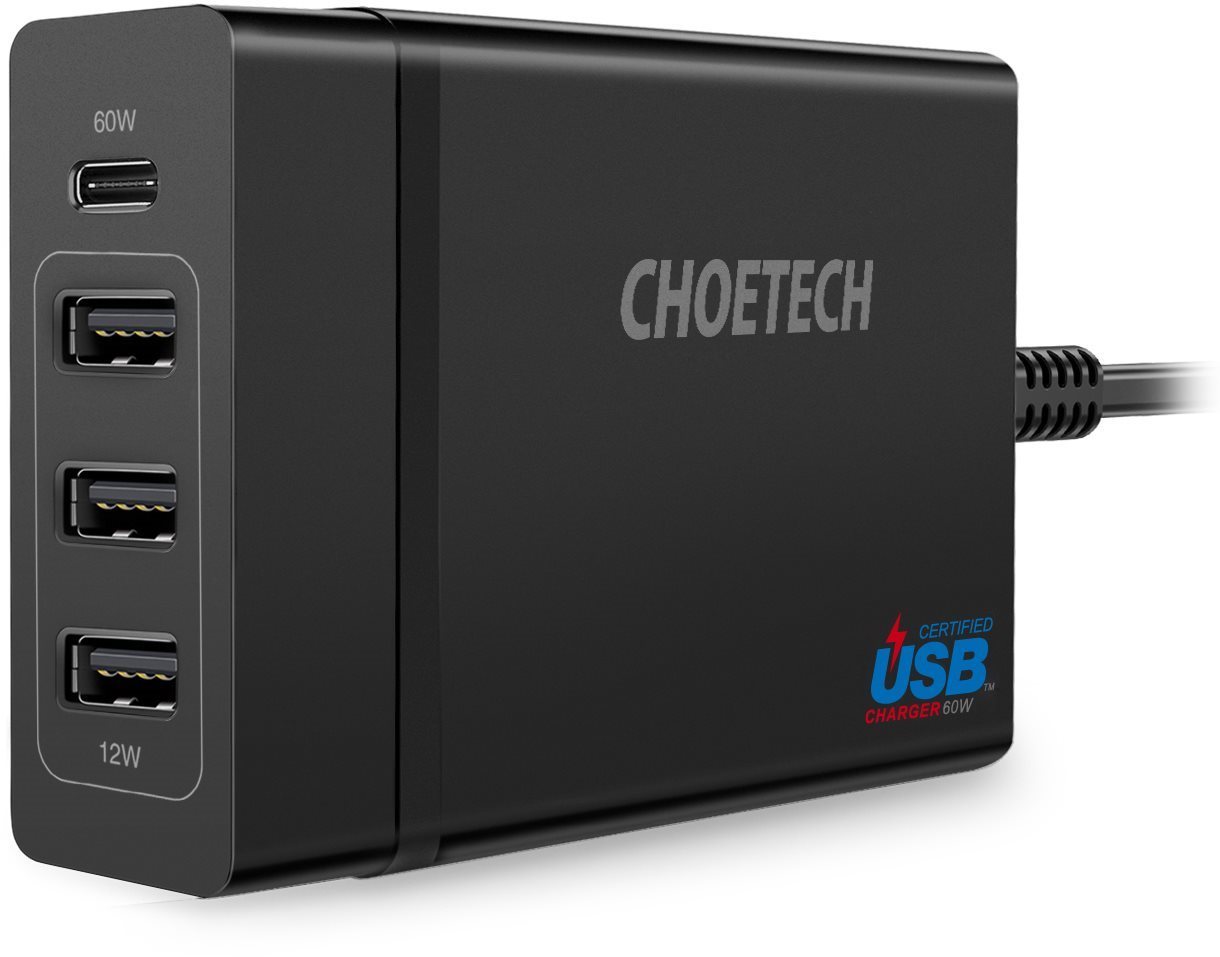 Töltő adapter ChoeTech Multi Charge USB-C PD 60W + 3x USB-A Charging Station Black