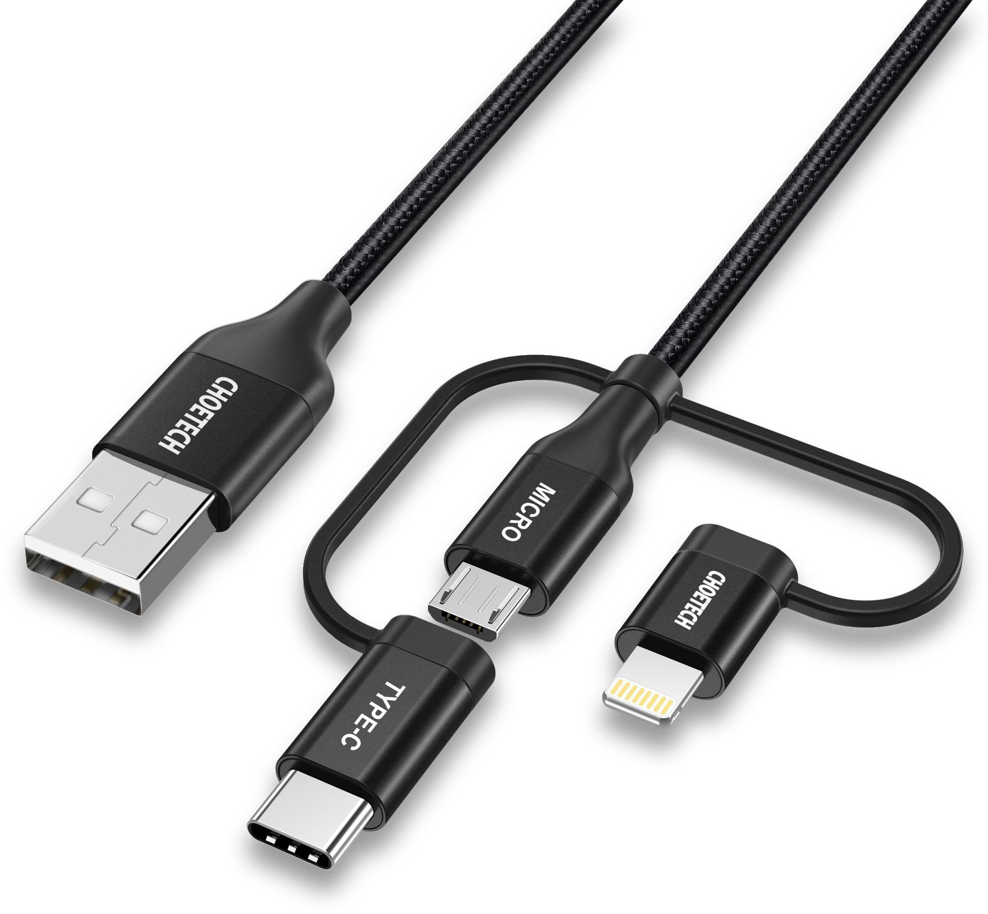 ChoeTech MFi 3-in-1 USB to USB-C + Micro + Lightning Nylon 1.2m Cable