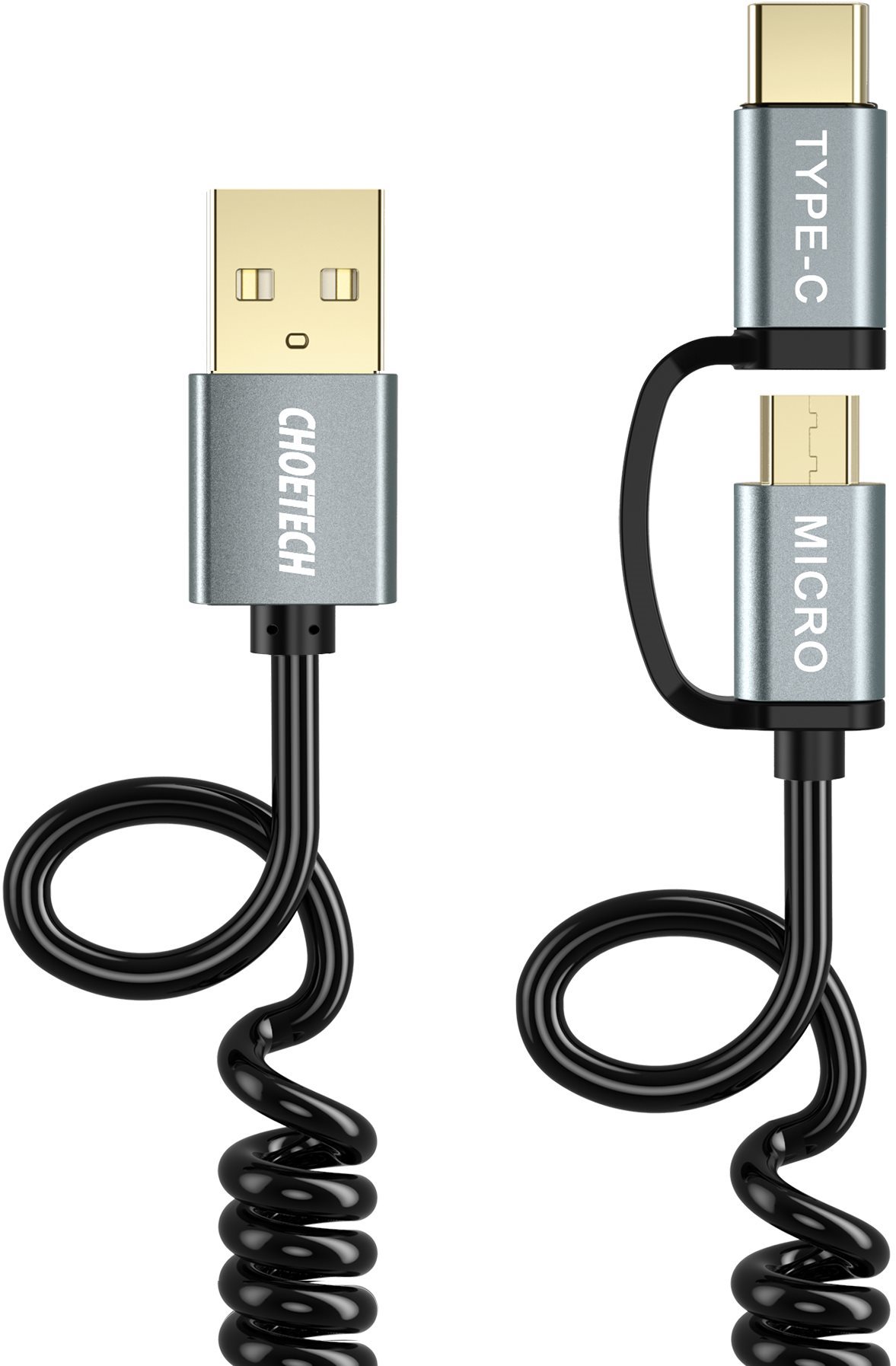 ChoeTech 2 in 1 USB to Micro USB + Type-C (USB-C) Spring Cable 1.2m