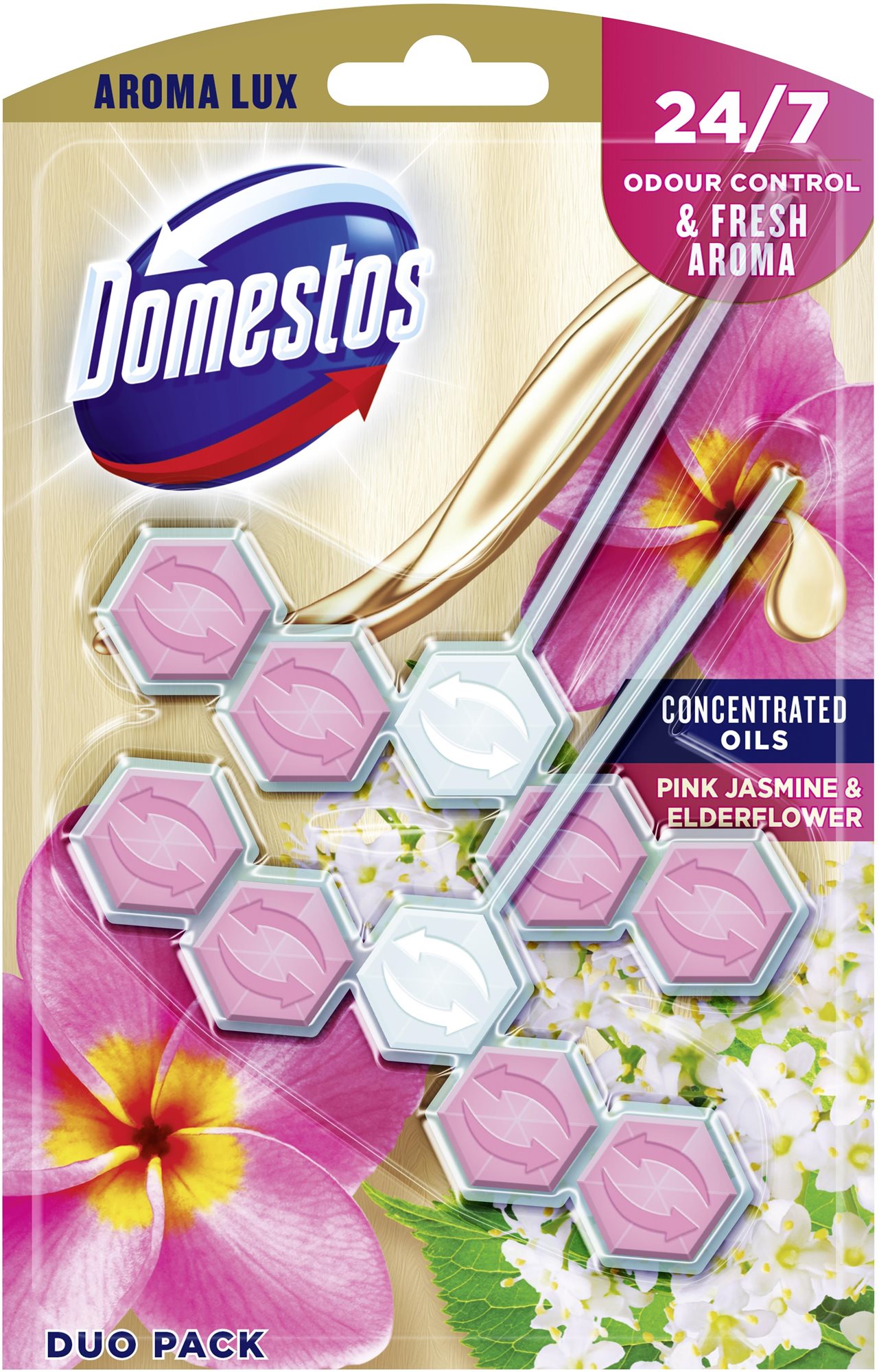 WC golyó DOMESTOS Aroma Lux Pink Jasmine & Elderflower 2× 55 g