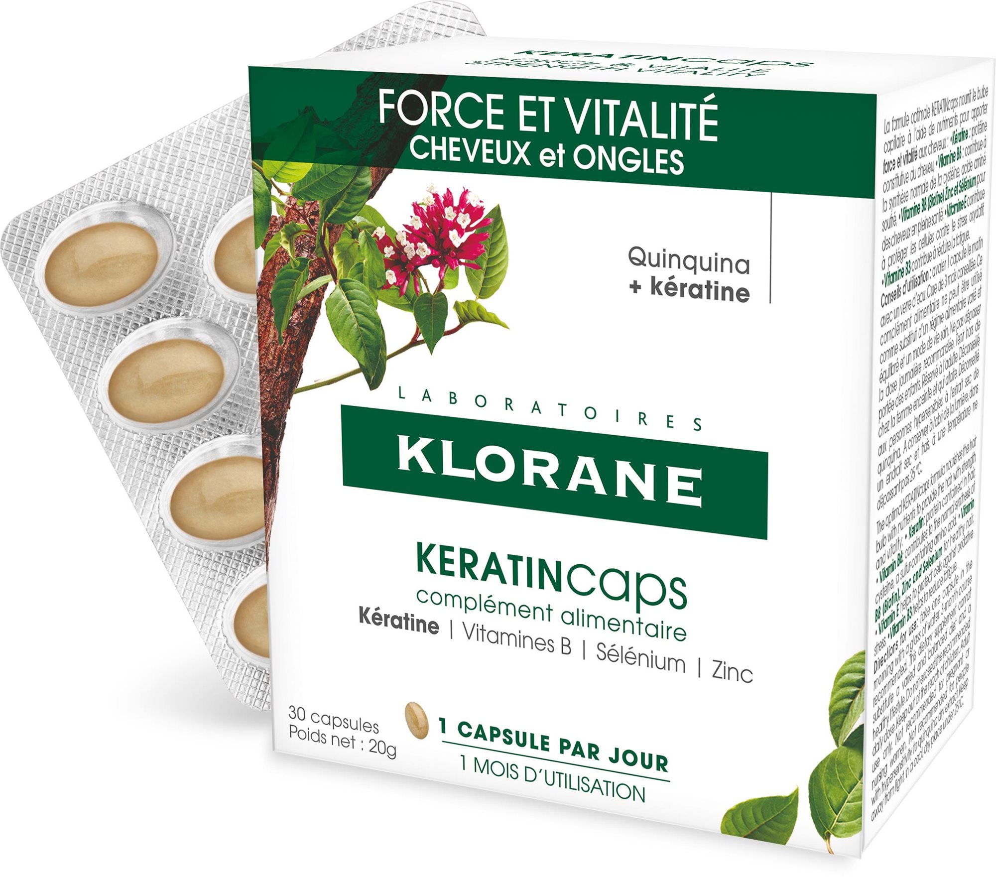 KLORANE KeratinCaps - Erő és vitalitás, haj és köröm, étrend-kiegészítő 30 kapszula